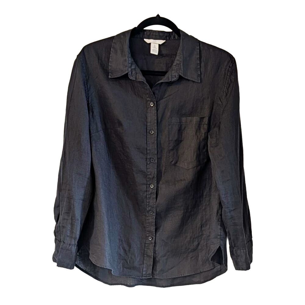 H&M 100% Linen Button Front Shirt L Black Long Sleeve Lightweight Summer Beach